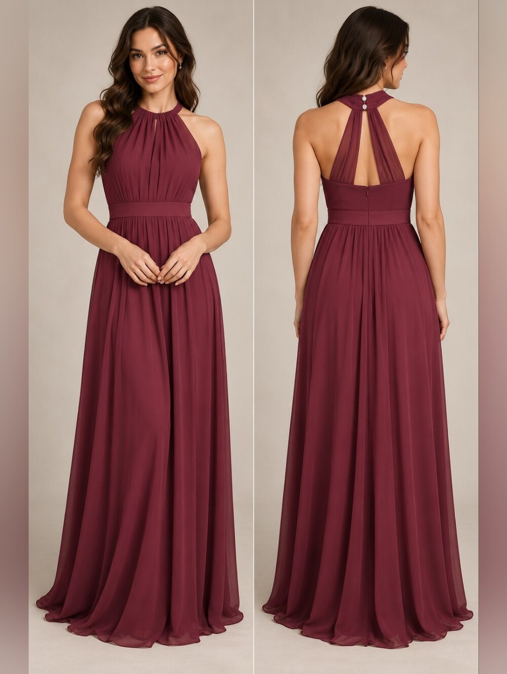 Azazie Burgundy Halter Chiffon Bridesmaid Maxi Dress, A6